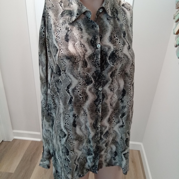 Vintage 90's Allison Taylor Sz XL 100% Silk Monochrome Mixed Animal Print Blouse - Picture 1 of 5